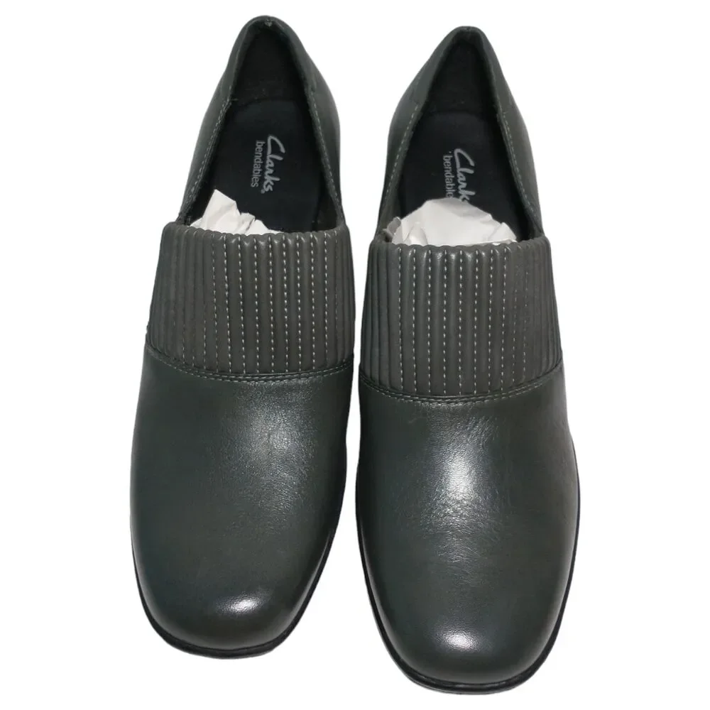 Clarks Womens Bendables Gray Leather Size 8.5M Thoughtful Q Comfort Block Heels - Picture 1 of 9